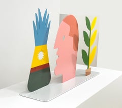 Bunte zeitgenössische Skulptur aus lackiertem Stahl - Mann des Gartens