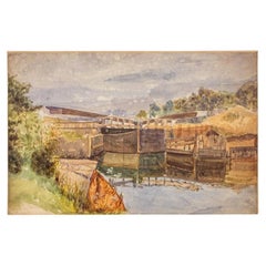 Antique H.E. "Old Windsor Lock" Watercolor on Paper, 1870