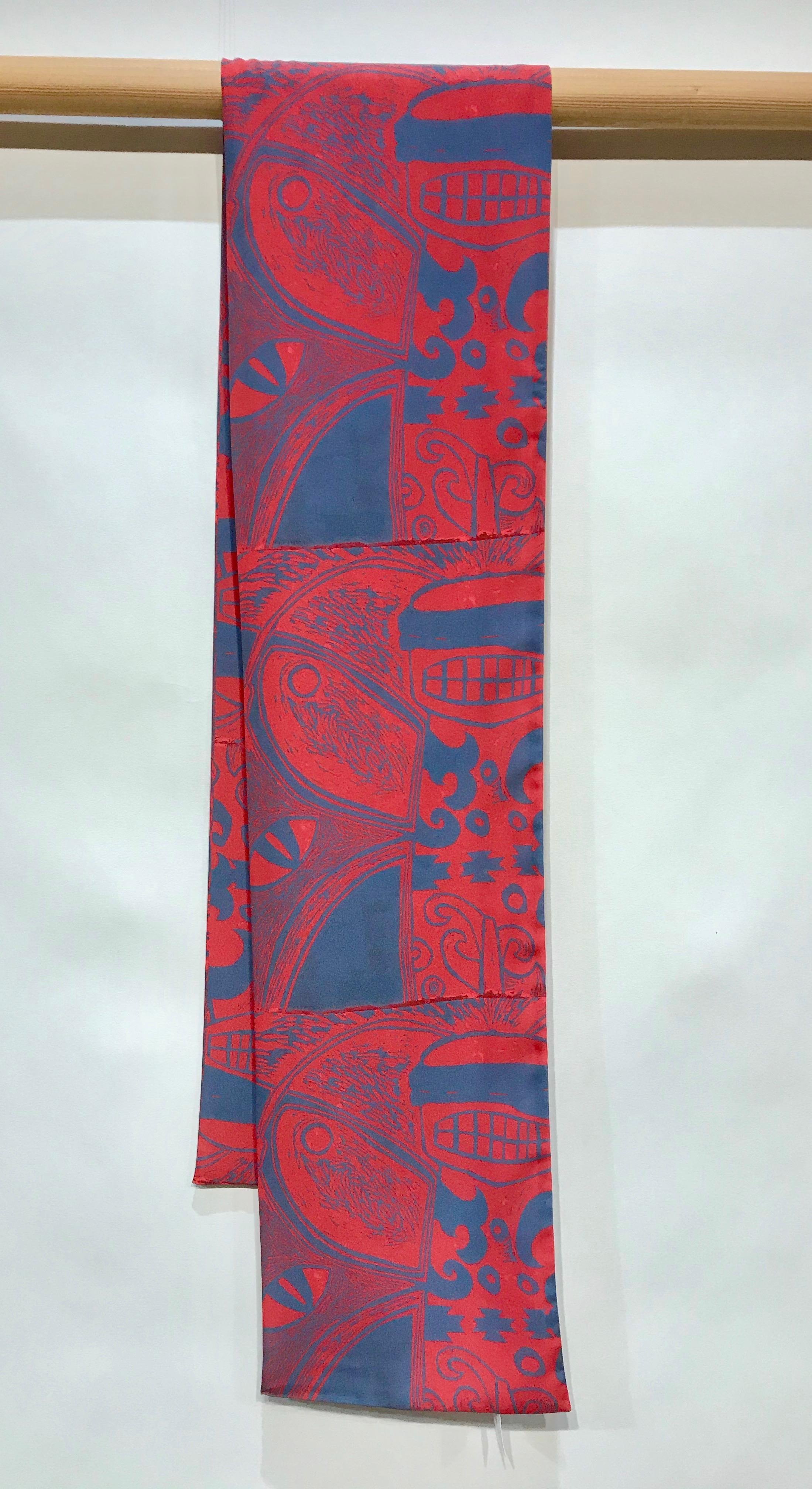 He Sees, poly crepe de Chine scarf, bee,red,blue, artist design, Native American