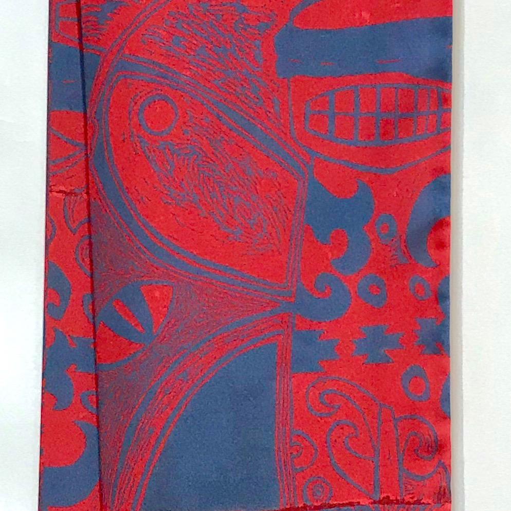 He Sees, poly crepe de Chine scarf, bee, red, blue, artist design, Native American In New Condition In Santa Fe, NM