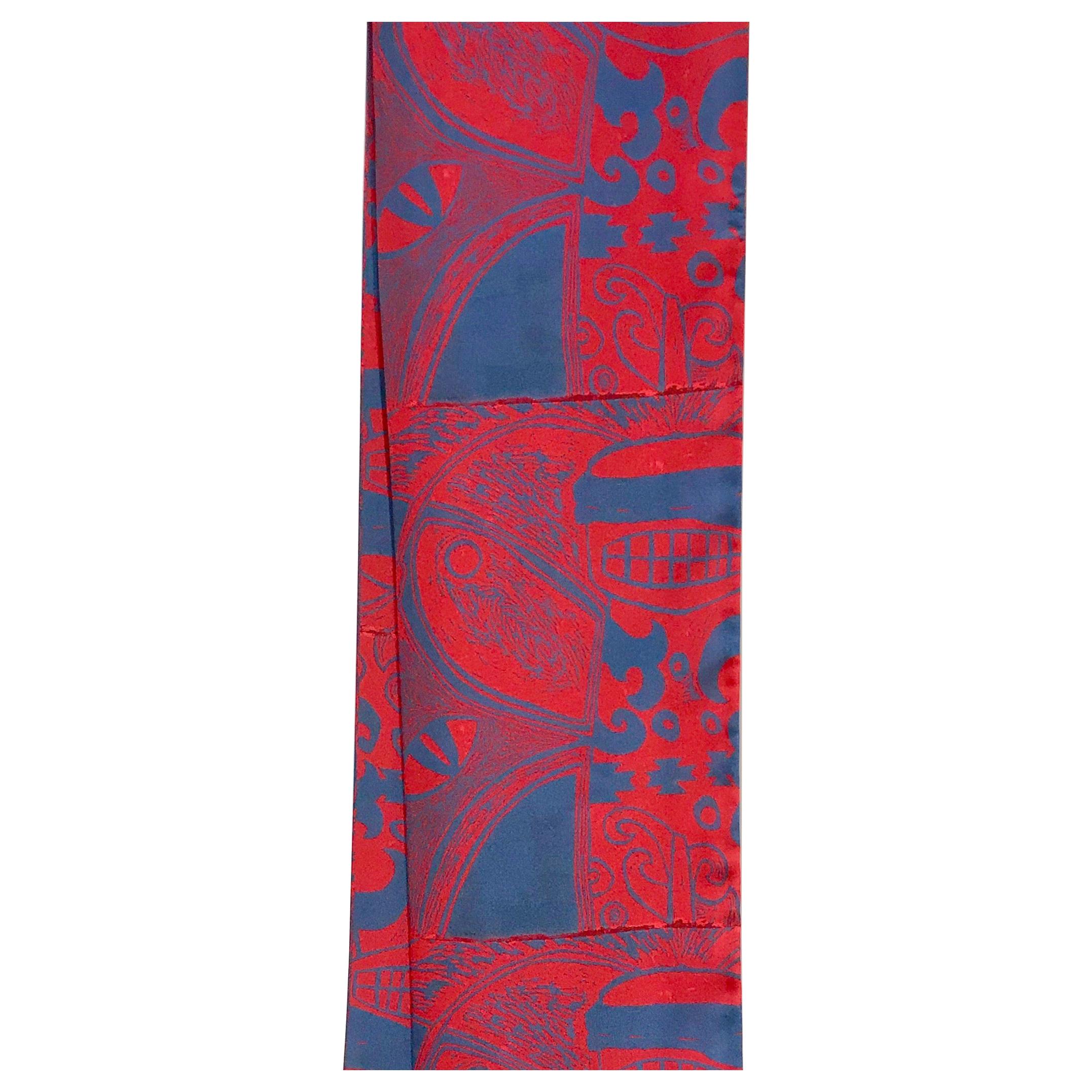 He Sees, poly crepe de Chine scarf, bee, red, blue, artist design, Native American