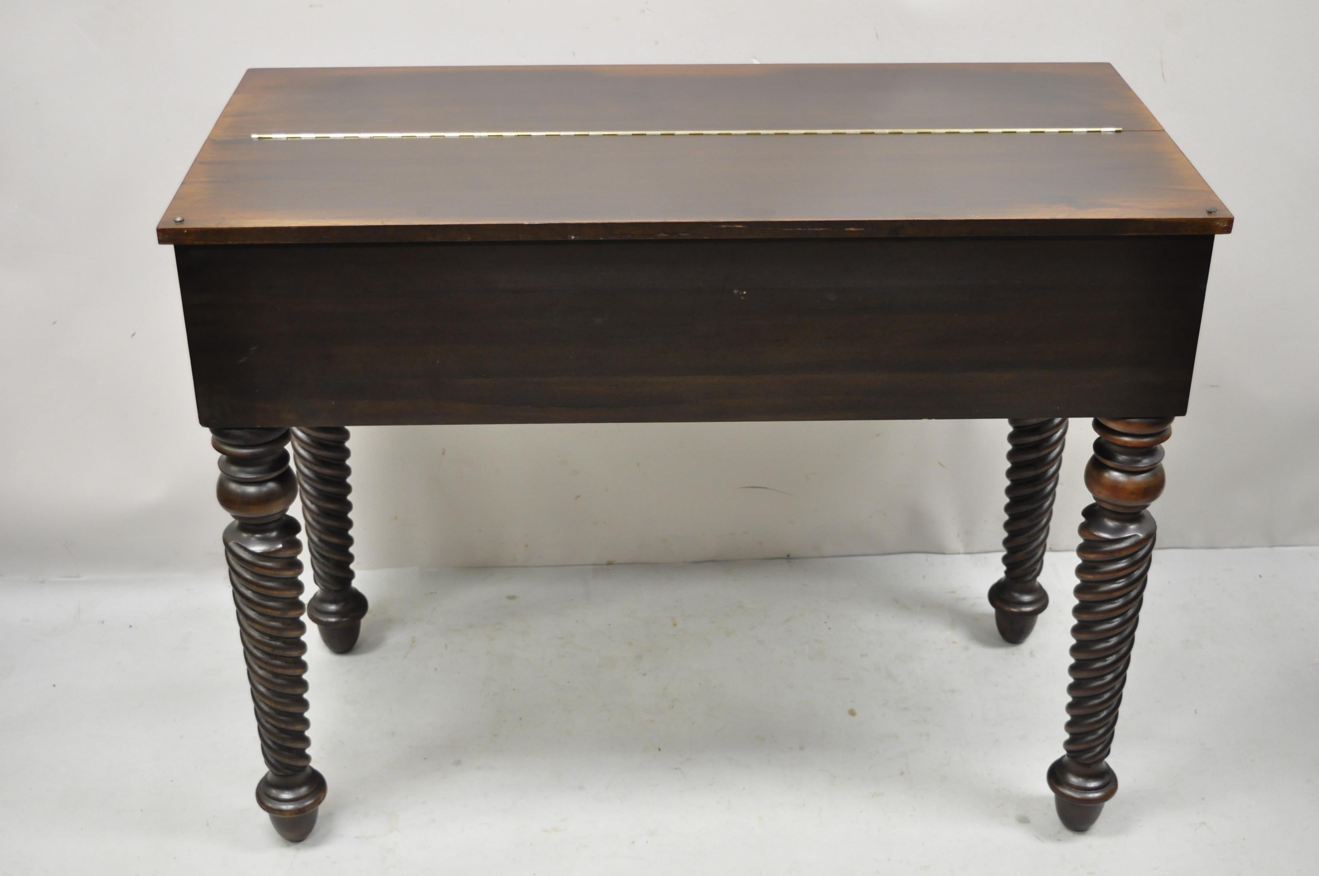 H.E. Shaw Furniture Antique Mahogany Spinet Piano Desk Spiral Twist Flip Top 1