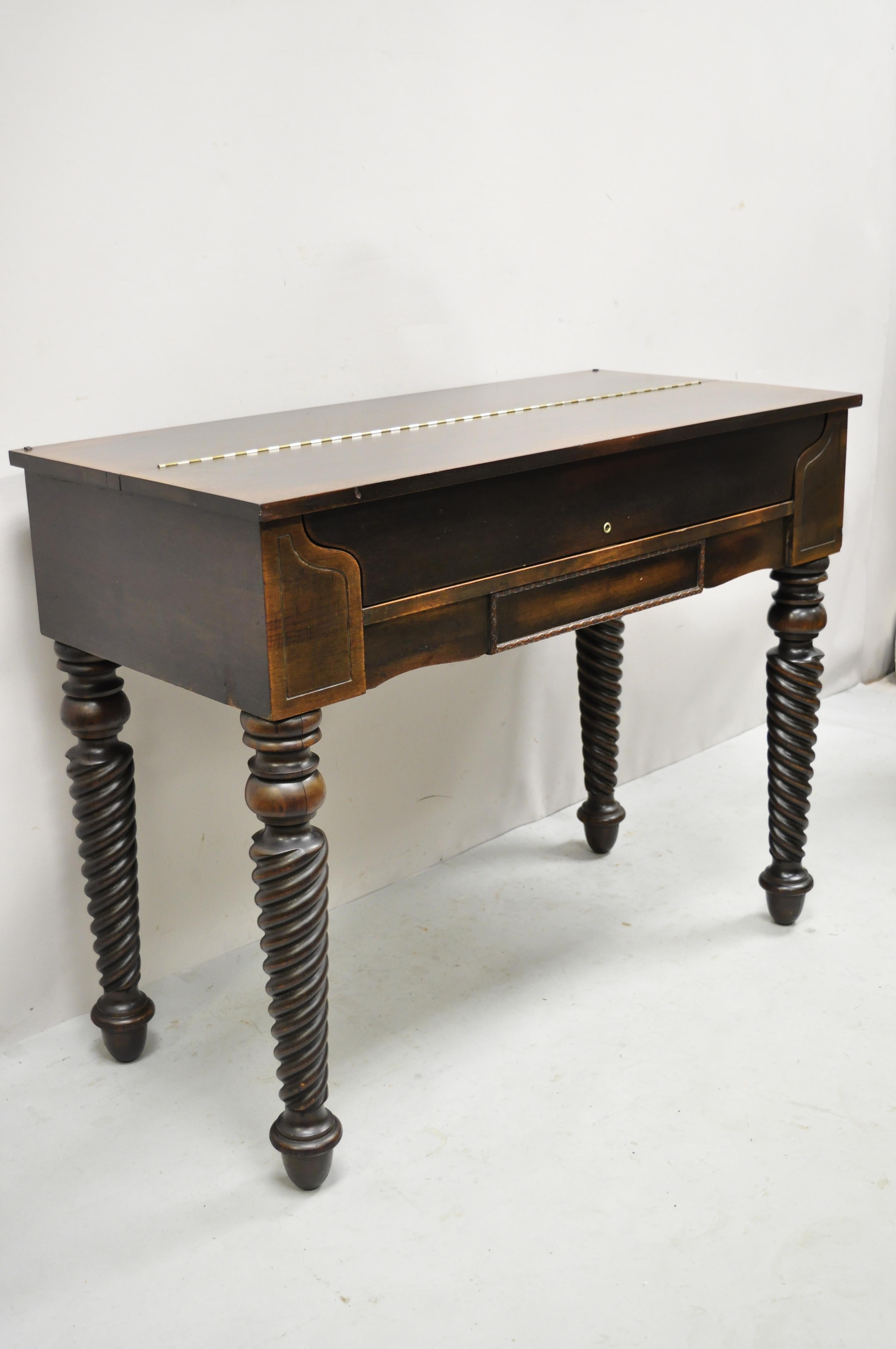 H.E. Shaw Furniture Antique Mahogany Spinet Piano Desk Spiral Twist Flip Top 3