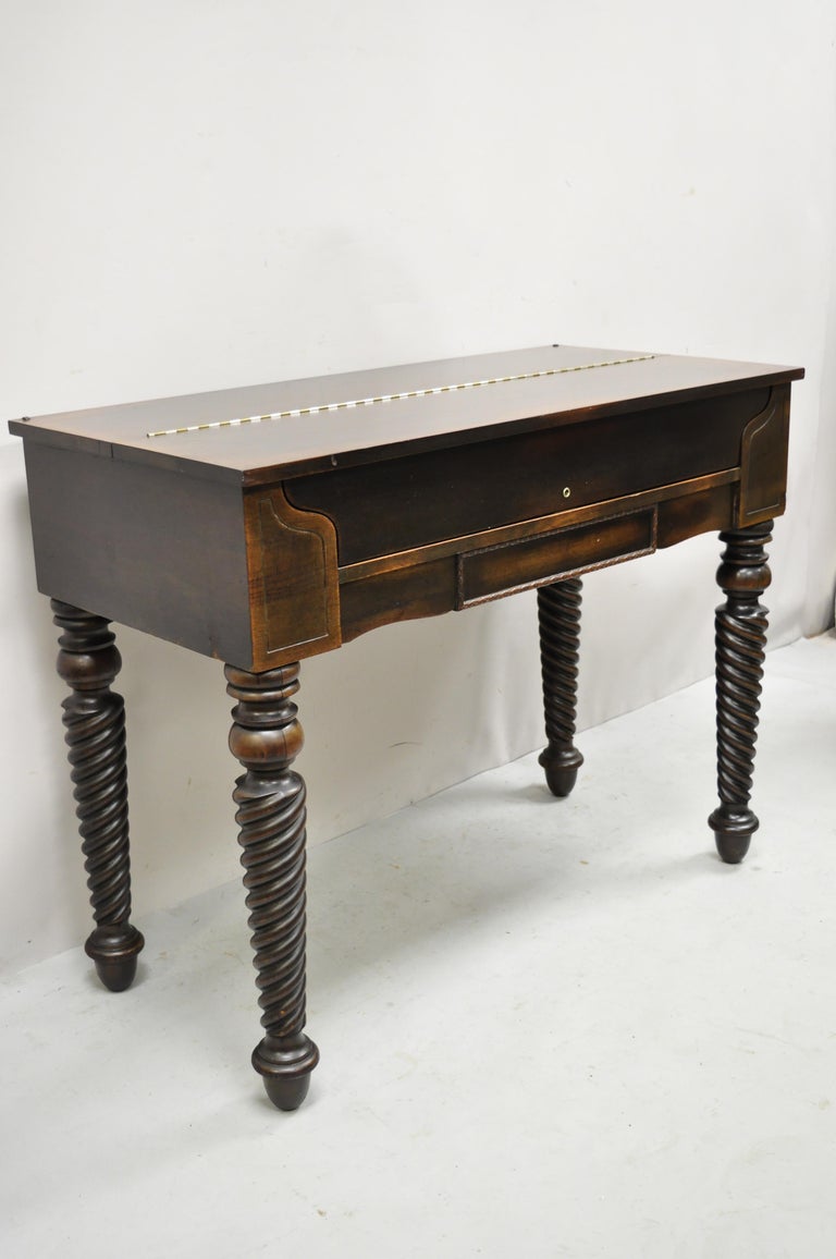 H.E. Shaw Furniture Antique Mahogany Spinet Piano Desk Spiral Twist Flip Top For Sale 6