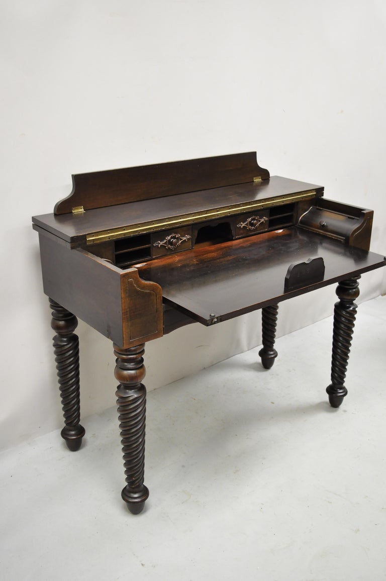 Victorian H.E. Shaw Furniture Antique Mahogany Spinet Piano Desk Spiral Twist Flip Top For Sale