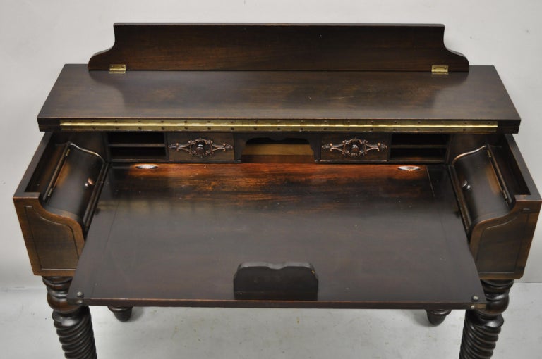 North American H.E. Shaw Furniture Antique Mahogany Spinet Piano Desk Spiral Twist Flip Top For Sale