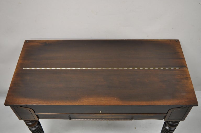 20th Century H.E. Shaw Furniture Antique Mahogany Spinet Piano Desk Spiral Twist Flip Top For Sale