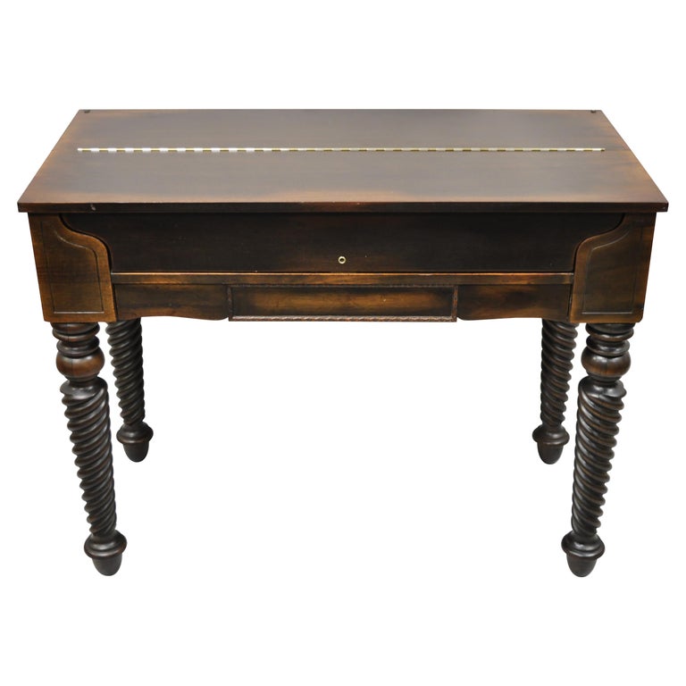 H.E. Shaw Furniture Antique Mahogany Spinet Piano Desk Spiral Twist Flip Top For Sale