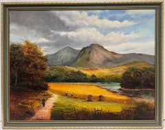 The Harvest Workers Irish Mountain Landscape Signed Oil Painting