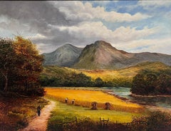 Peinture à l'huile irlandaise The Harvest Workers - Paysage de montagne signée 