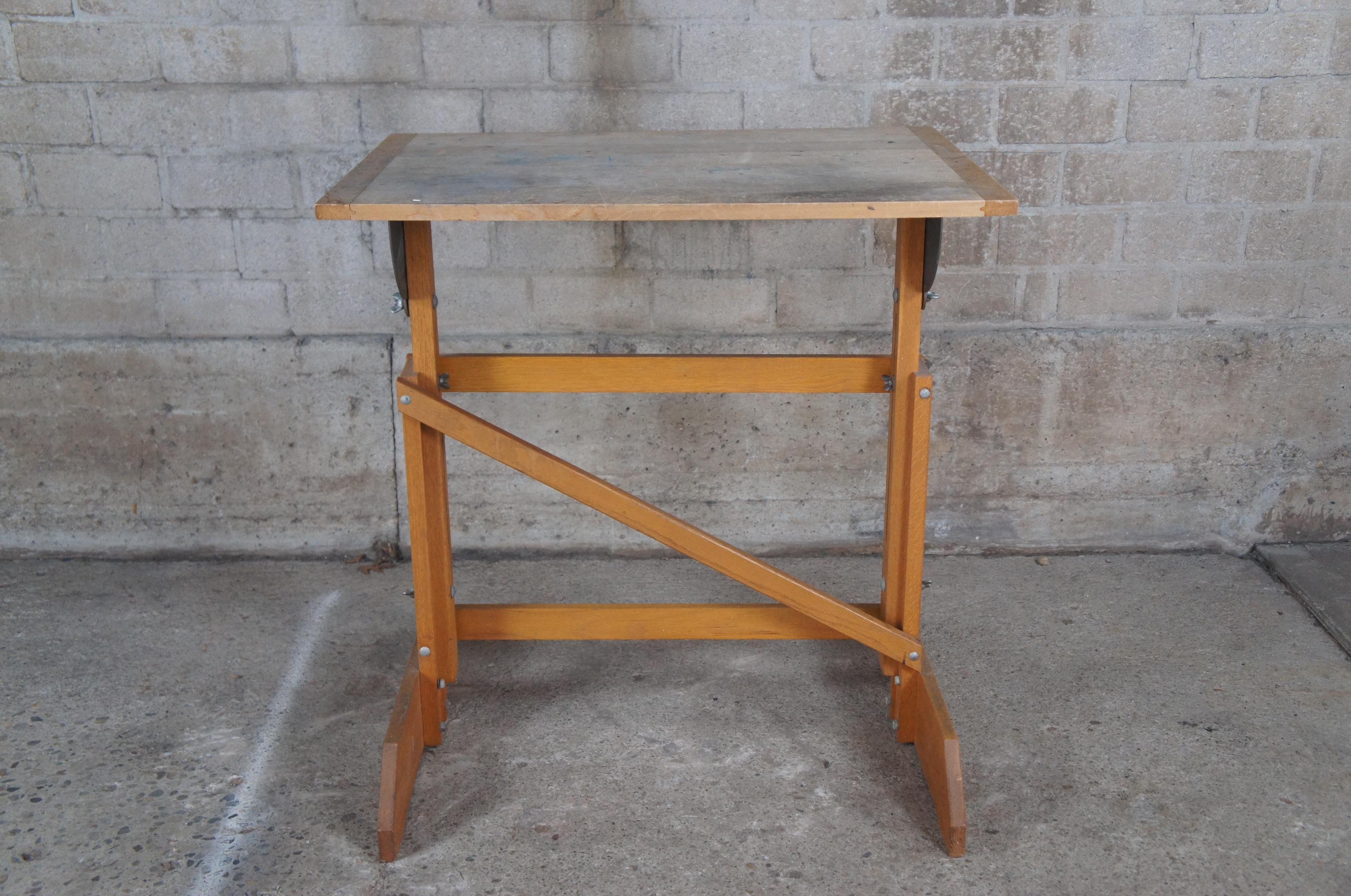 H.E. Smith Company Oak Adjustable Trestle Base Drafting Easel Drawing Table  For Sale 5