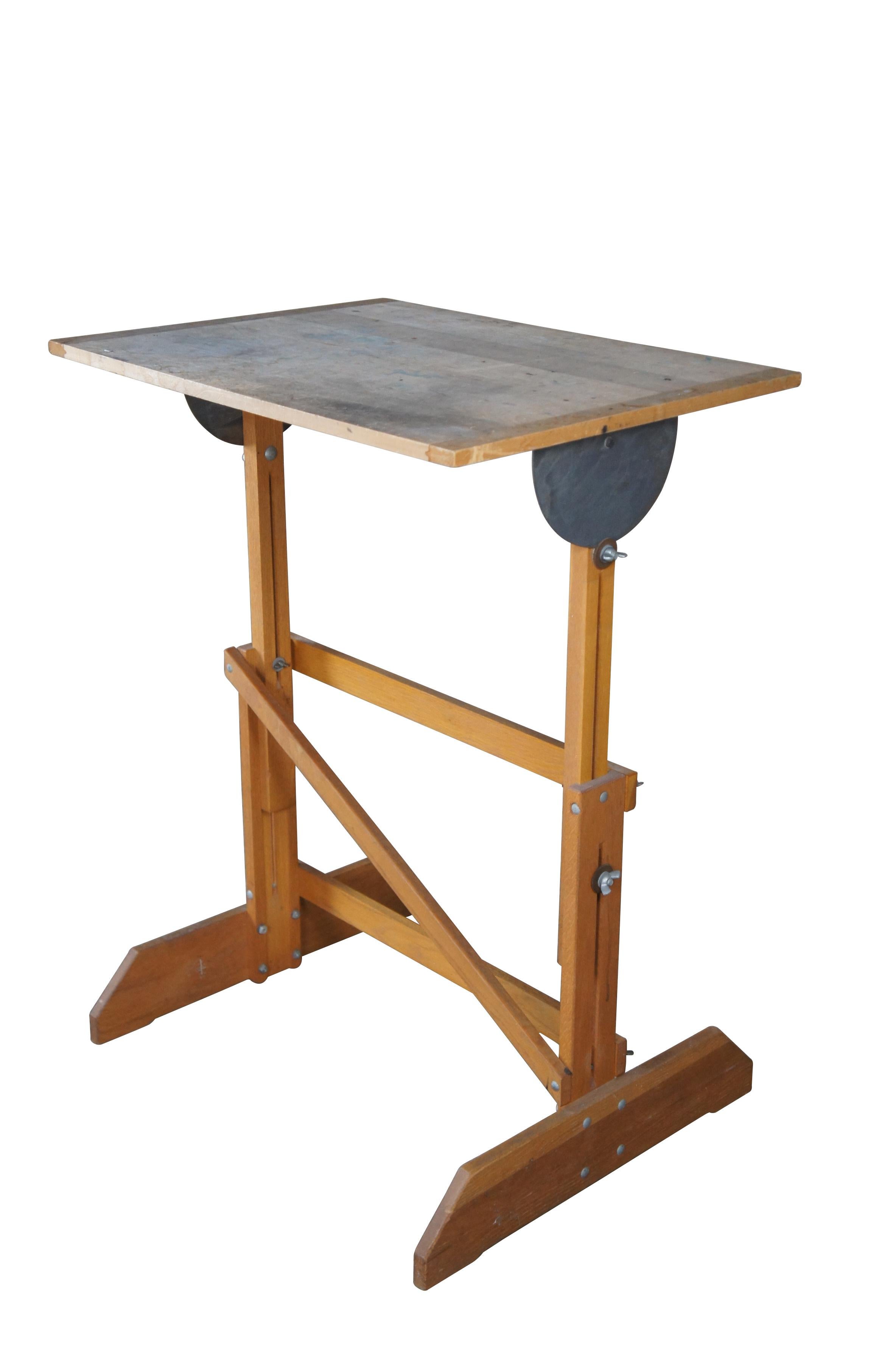 Industrial H.E. Smith Company Oak Adjustable Trestle Base Drafting Easel Drawing Table  For Sale