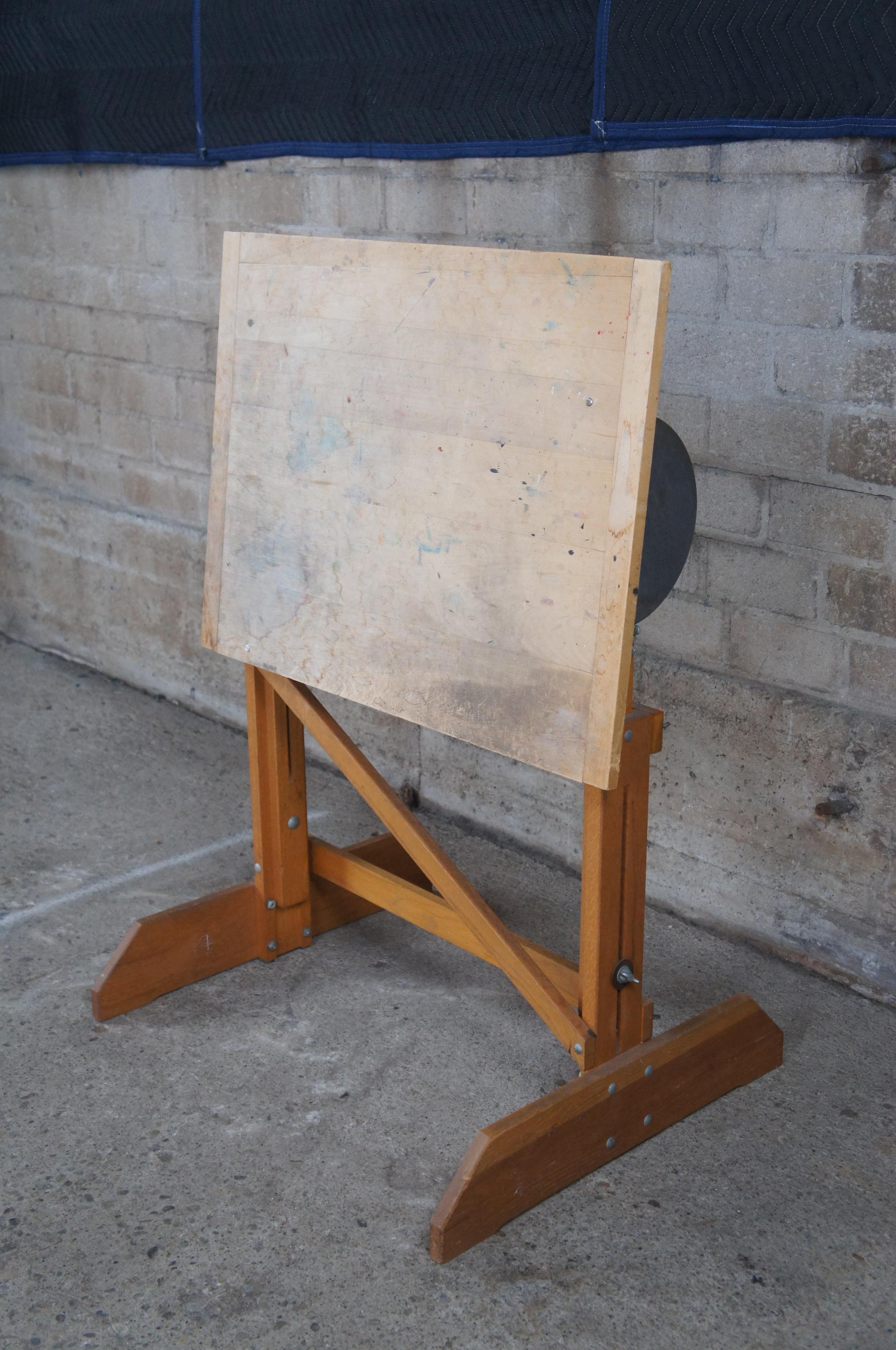 H.E. Smith Company Oak Adjustable Trestle Base Drafting Easel Drawing Table  In Good Condition For Sale In Dayton, OH