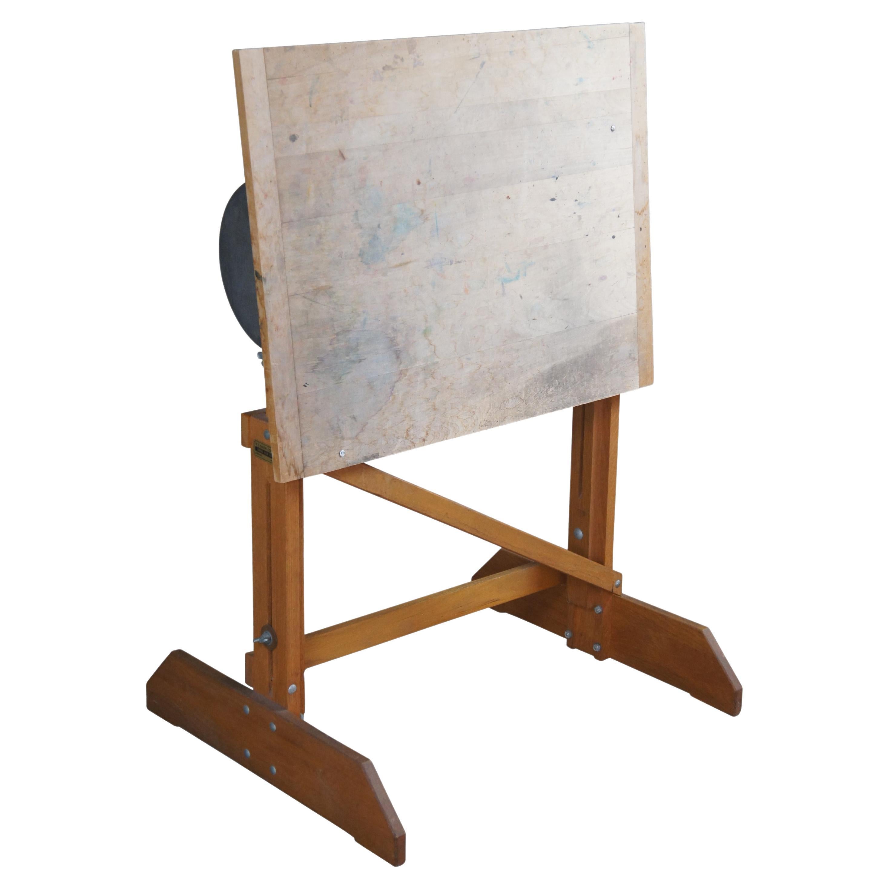 H.E. Smith Company Oak Adjustable Trestle Base Drafting Easel Drawing Table  For Sale