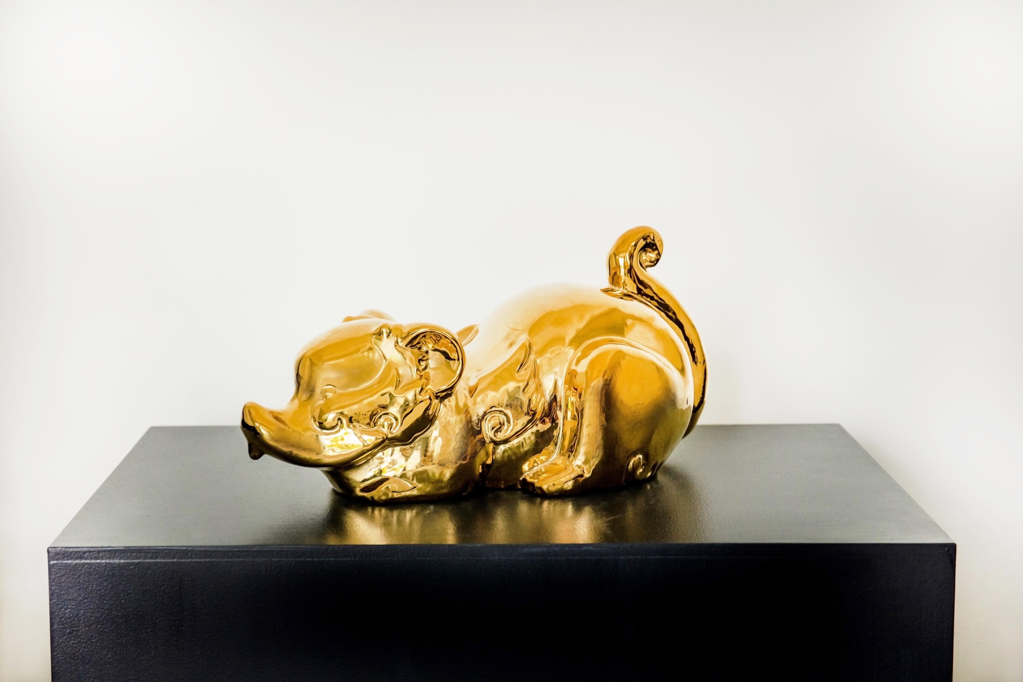 Keramik-Vergoldung-Skulpturen-Serien Tierkreiszeichen-Rat  (Gold), Figurative Sculpture, von He Wenjue