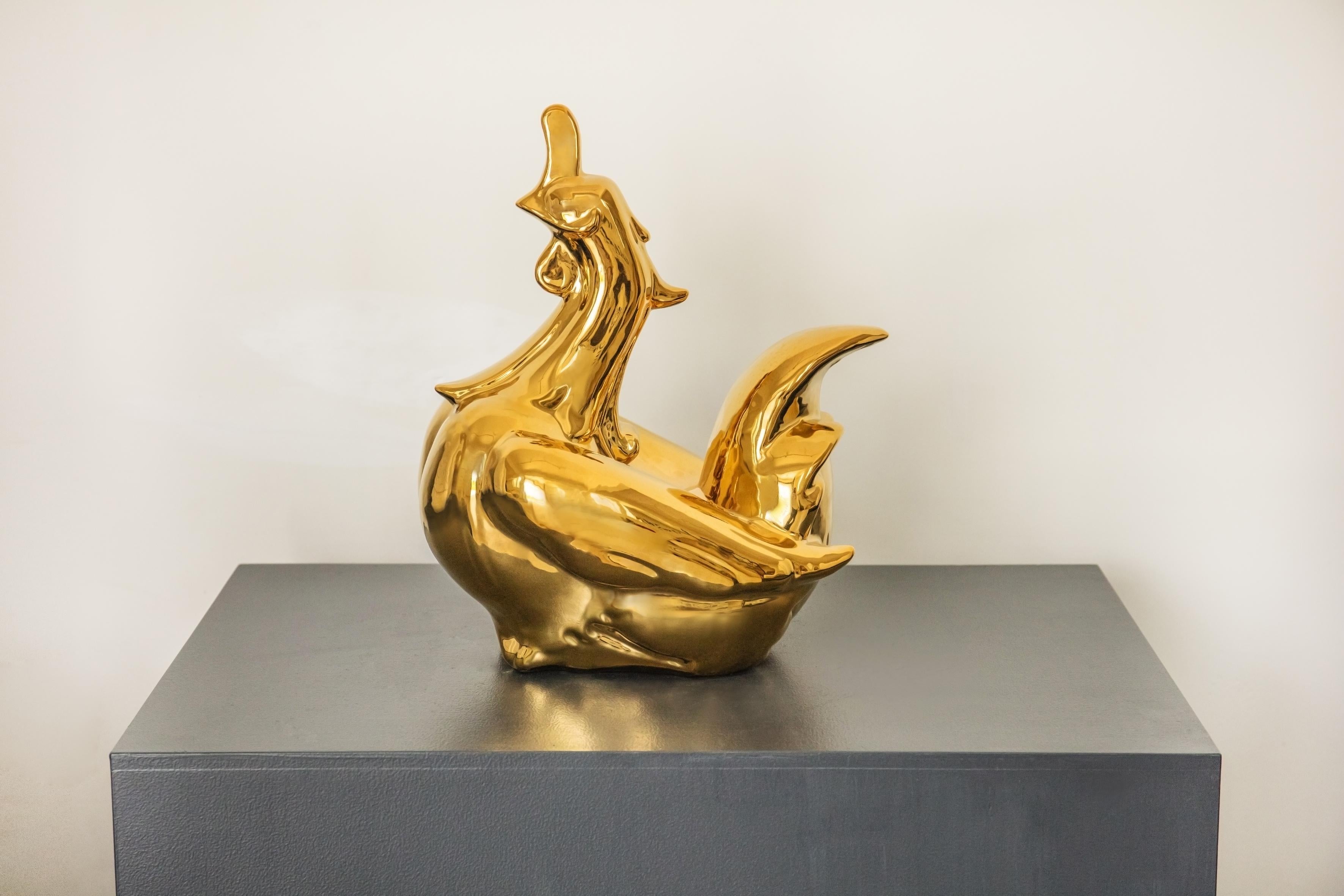 He Wenjue Figurative Sculpture - Ceramic Gold-Plating Sculpture-Series Animal Zodiac- Rooster 