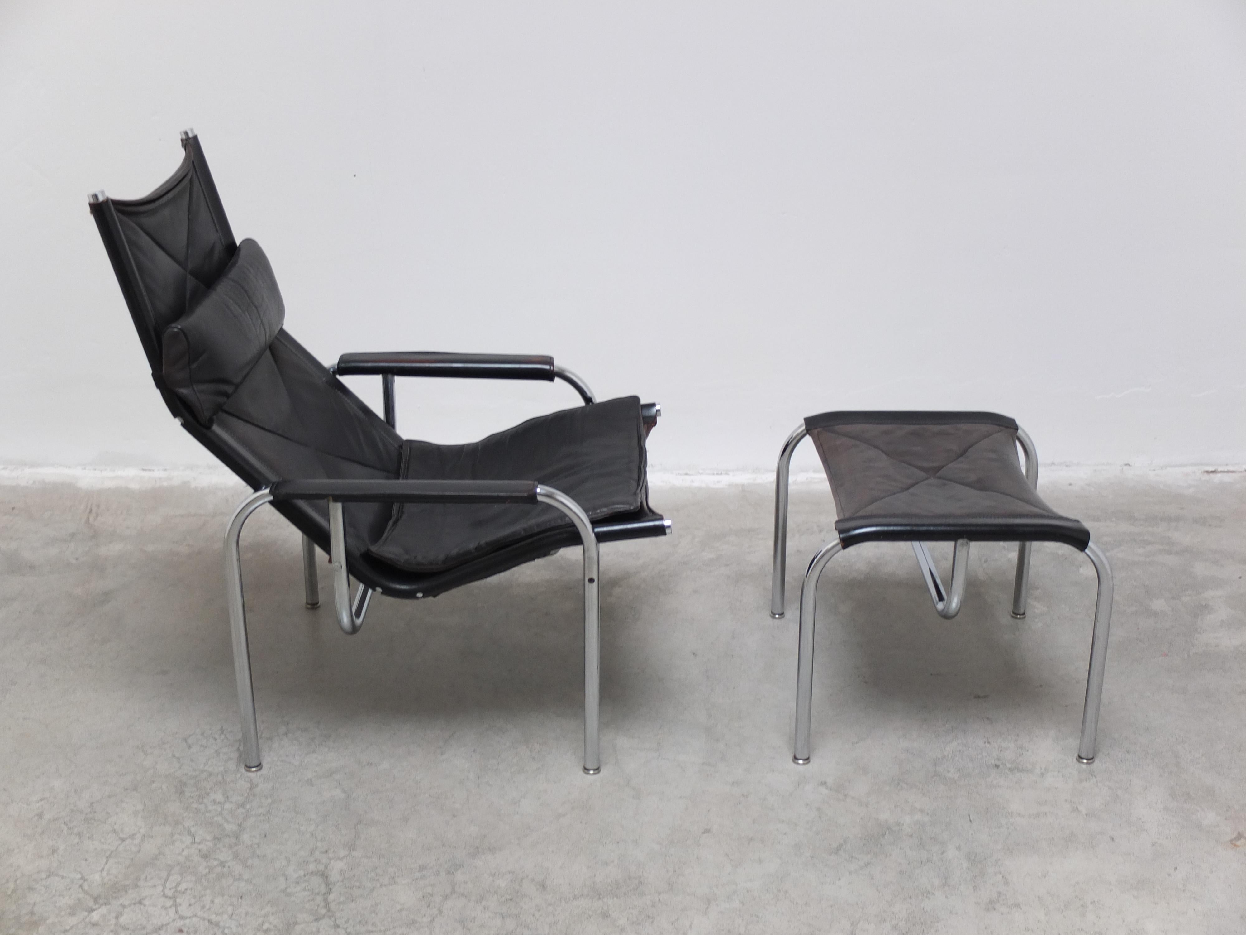 Metal 'HE1106' Lounge Chair with Ottoman by Hans Eichenberger for Strässle, 1978 For Sale