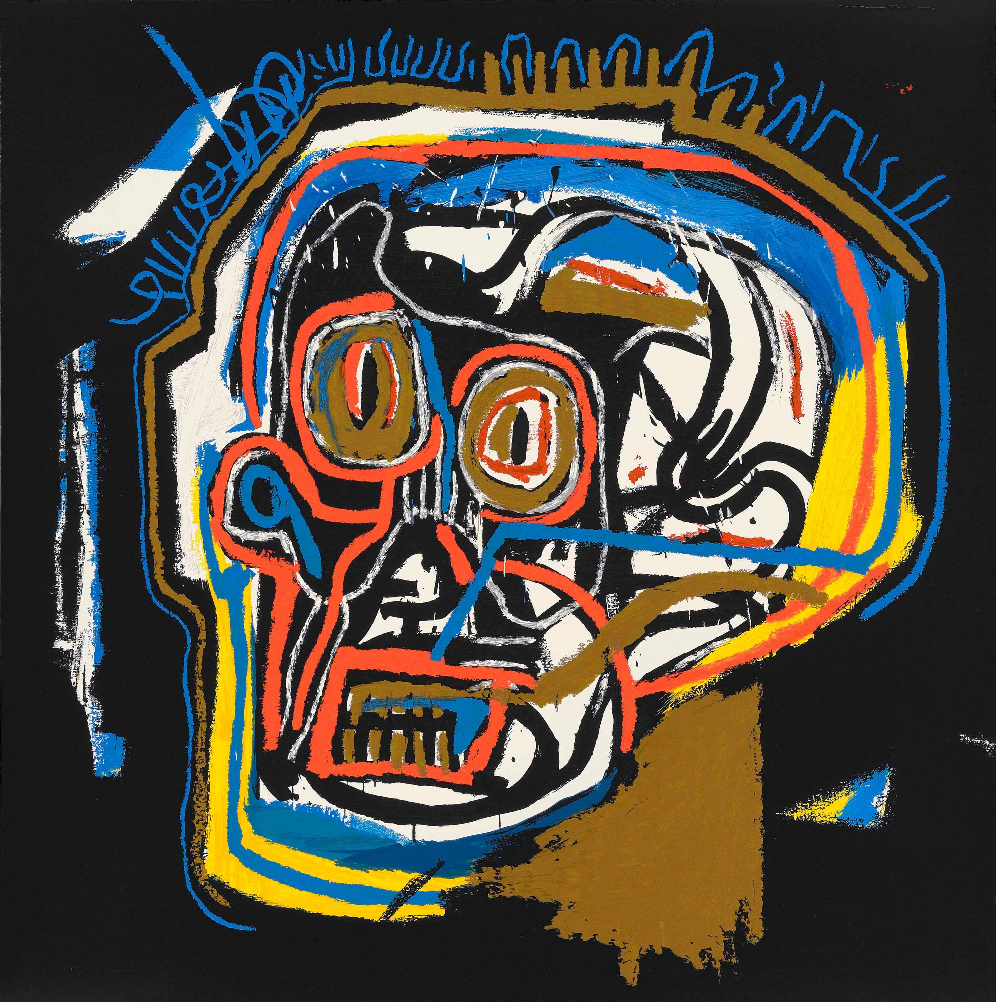 “Head” screenprint in colors, on wove paper, the full sheet, Numbered A.P. 4/15 in pencil on lower right, signed and dated on reverse “11-19-01” by Gerard Basquiat (Administrator of the Estate of Jean-Michel Basquiat) in pencil with the Estate