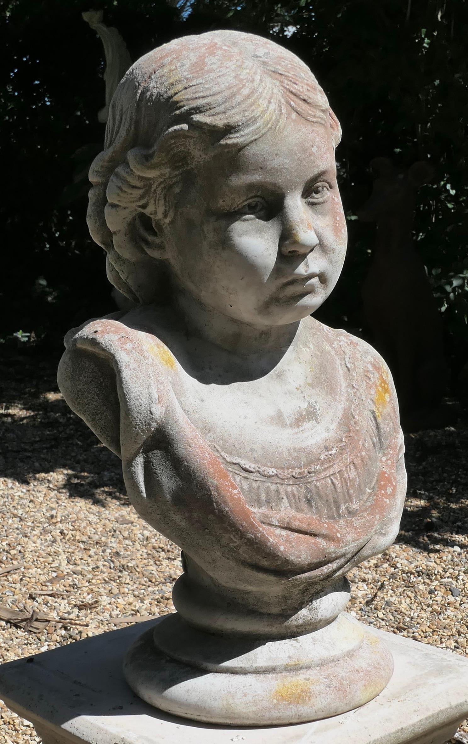 Country  Head and Shoulder Bust of a Young Girl Garden Statue   For Sale