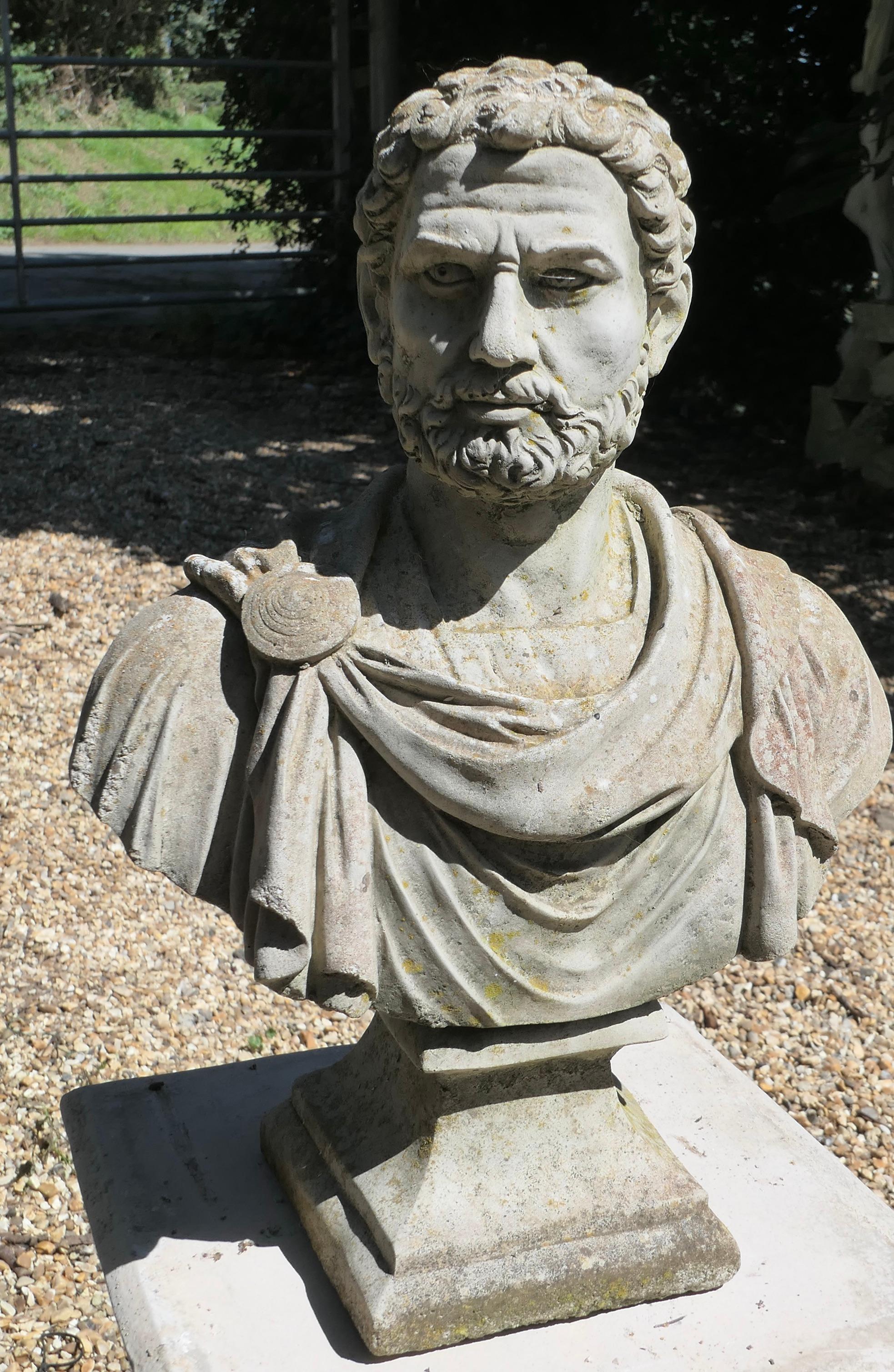 Head and Shoulder Bust of Nero in Cast Stone

This is a beautifully detailed bust of the Emperor, note the folds of his robe and the curls of his beard 
The State is 18” tall and 13” x 6”
SW130