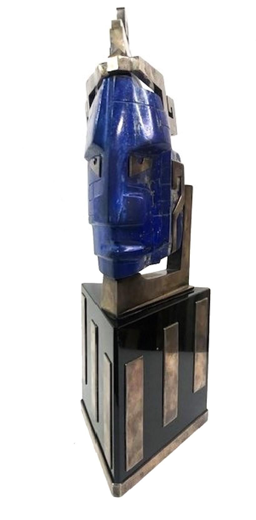 Modern Head Bust of Indian, Lapis Lazuli & Silvered Metal Sculpture, Mexico, ca. 1980s For Sale