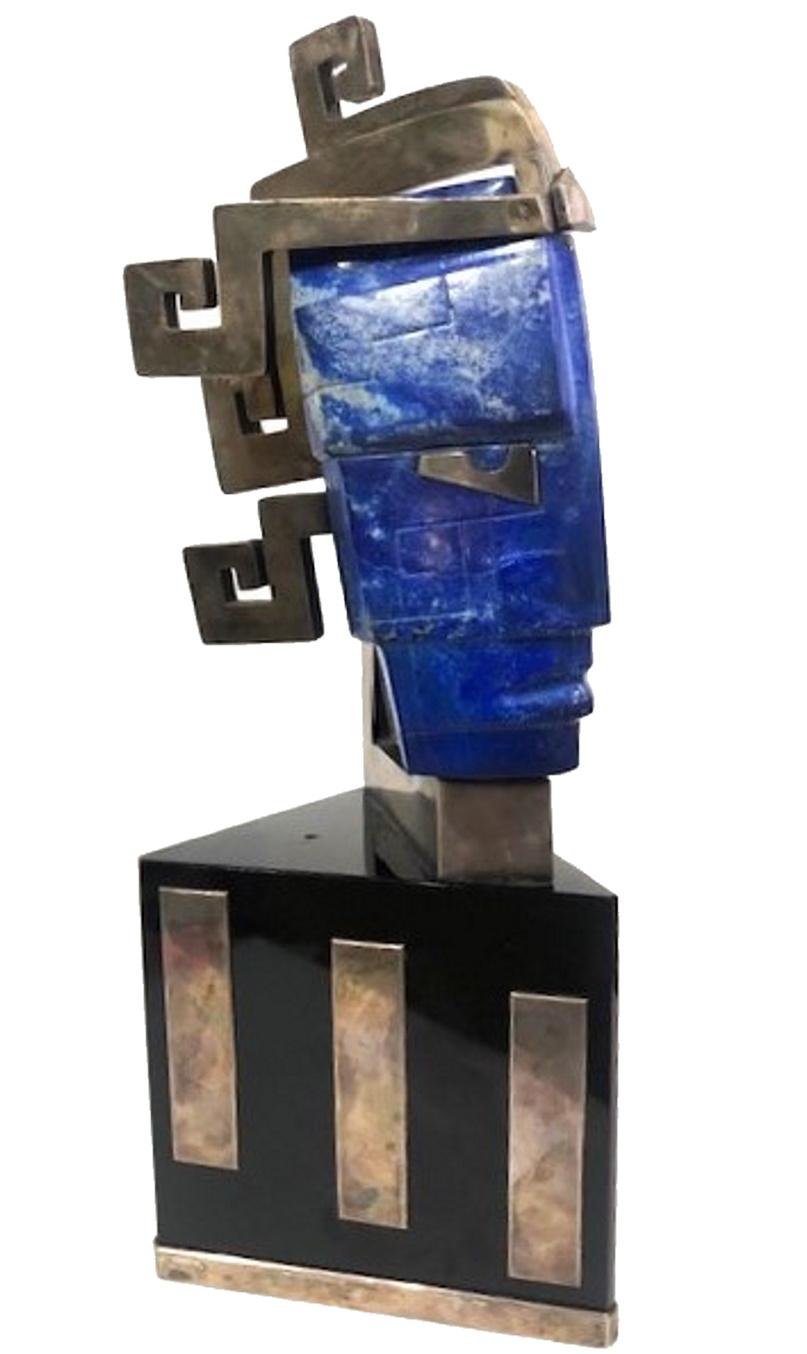 Mexican Head Bust of Indian, Lapis Lazuli & Silvered Metal Sculpture, Mexico, ca. 1980s For Sale