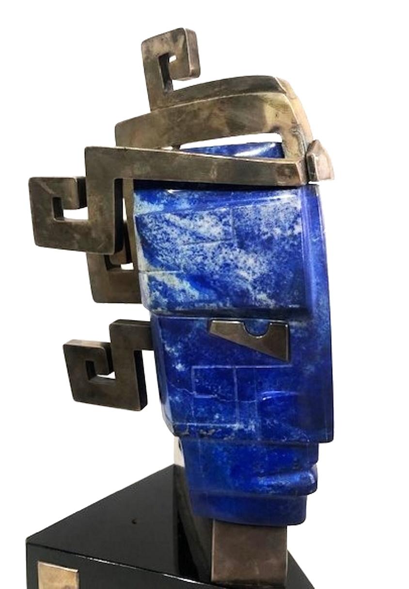 Hand-Carved Head Bust of Indian, Lapis Lazuli & Silvered Metal Sculpture, Mexico, ca. 1980s For Sale