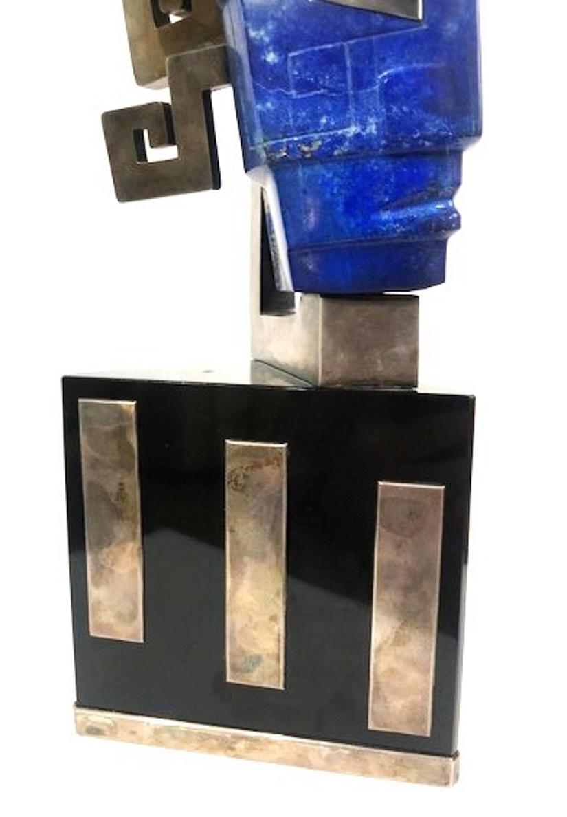 Head Bust of Indian, Lapis Lazuli & Silvered Metal Sculpture, Mexico, ca. 1980s In Good Condition For Sale In New York, NY