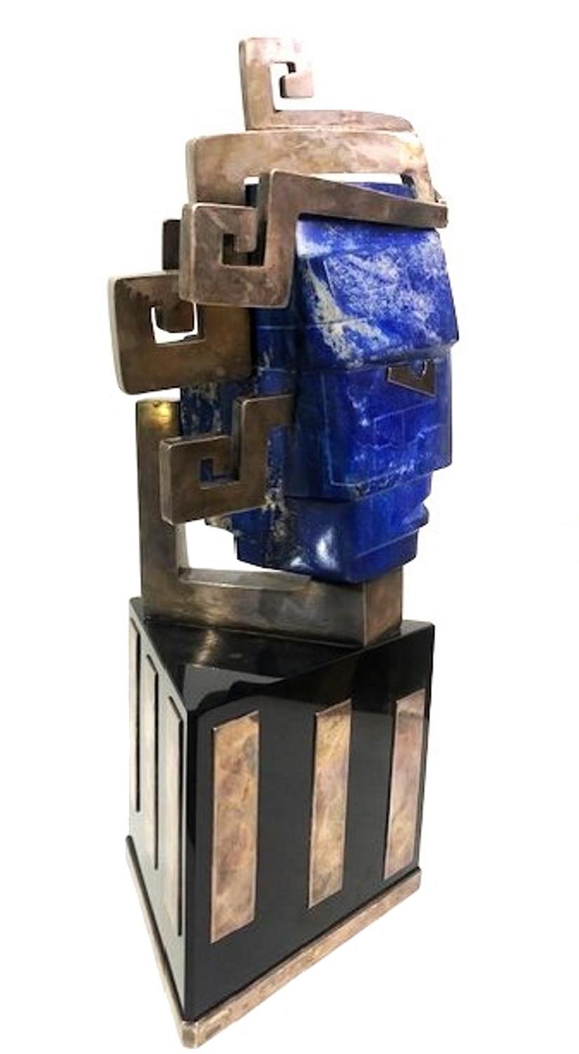Late 20th Century Head Bust of Indian, Lapis Lazuli & Silvered Metal Sculpture, Mexico, ca. 1980s For Sale