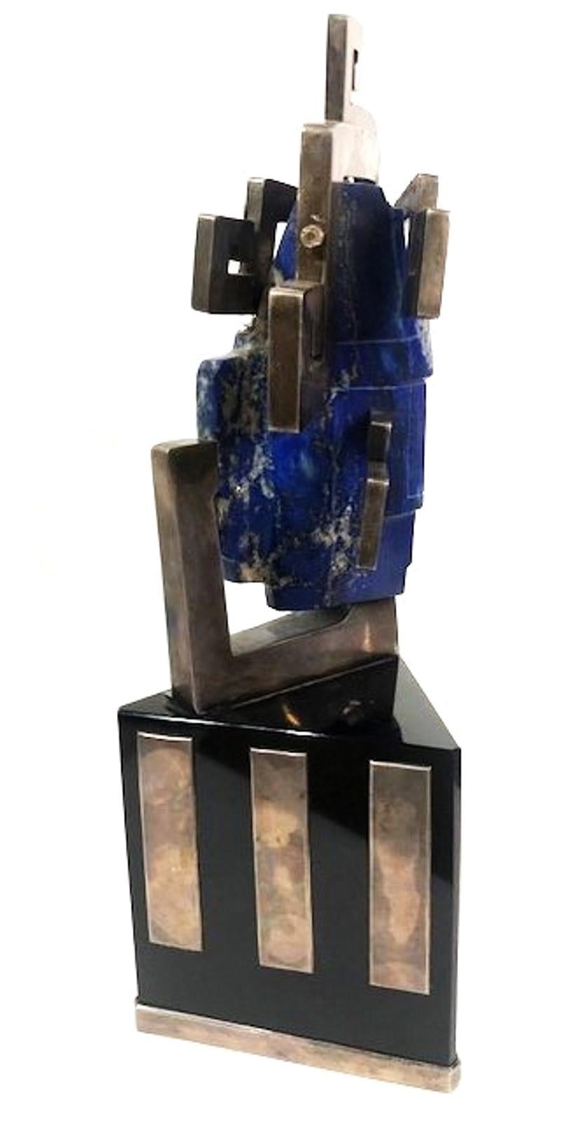 Head Bust of Indian, Lapis Lazuli & Silvered Metal Sculpture, Mexico, ca. 1980s For Sale 1