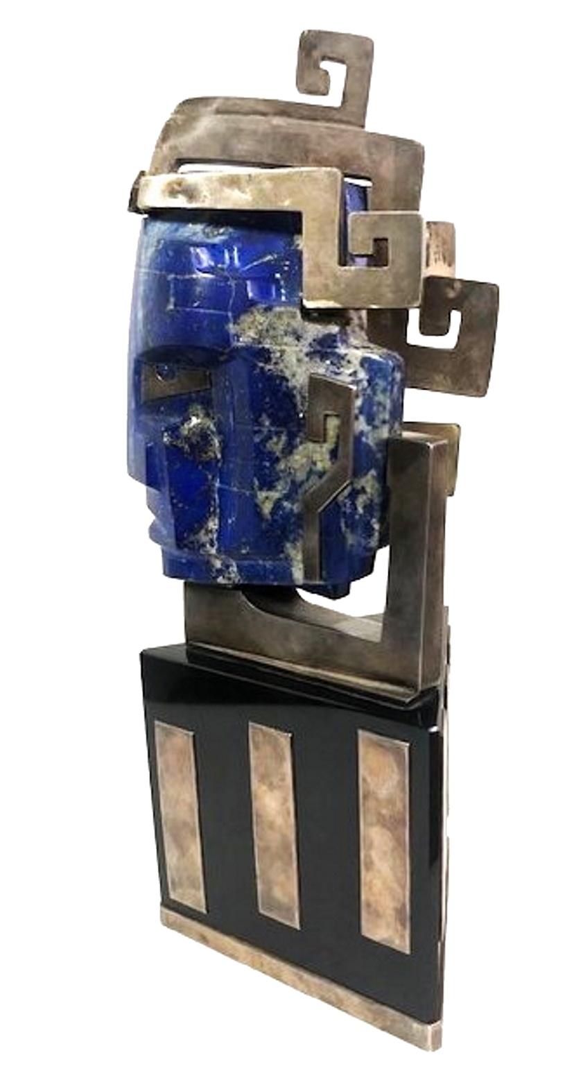 Head Bust of Indian, Lapis Lazuli & Silvered Metal Sculpture, Mexico, ca. 1980s For Sale 2