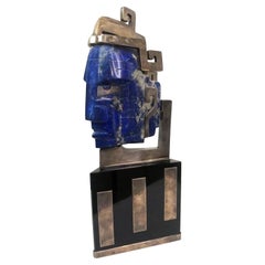 Busto con cabeza de indio, escultura de lapislázuli y metal plateado, México, ca. 1980