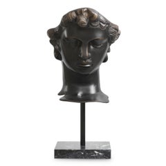 Head David Sculpture In Antique Bronze Finish On Black Marble Base