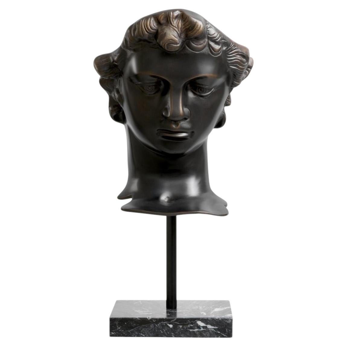 Head David Sculpture In Antique Bronze Finish On Black Marble Base