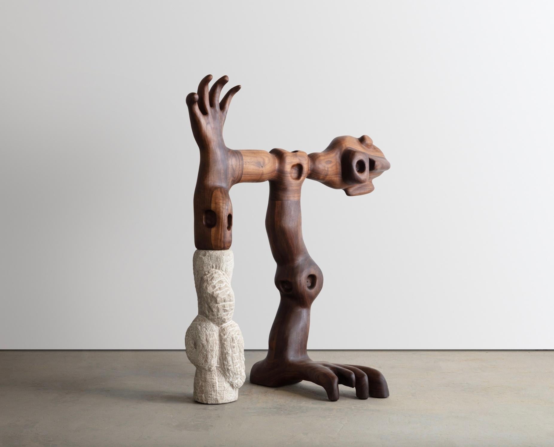 Other Organic Hand Carved Sculpture in Oiled Walnut and Limestone by Casey McCafferty For Sale