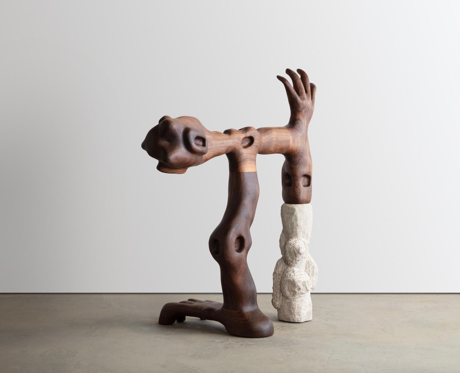 Ash Organic Hand Carved Sculpture in Oiled Walnut and Limestone by Casey McCafferty For Sale