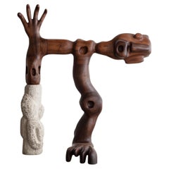 Organic Hand Carved Sculpture in Oiled Walnut and Limestone by Casey McCafferty