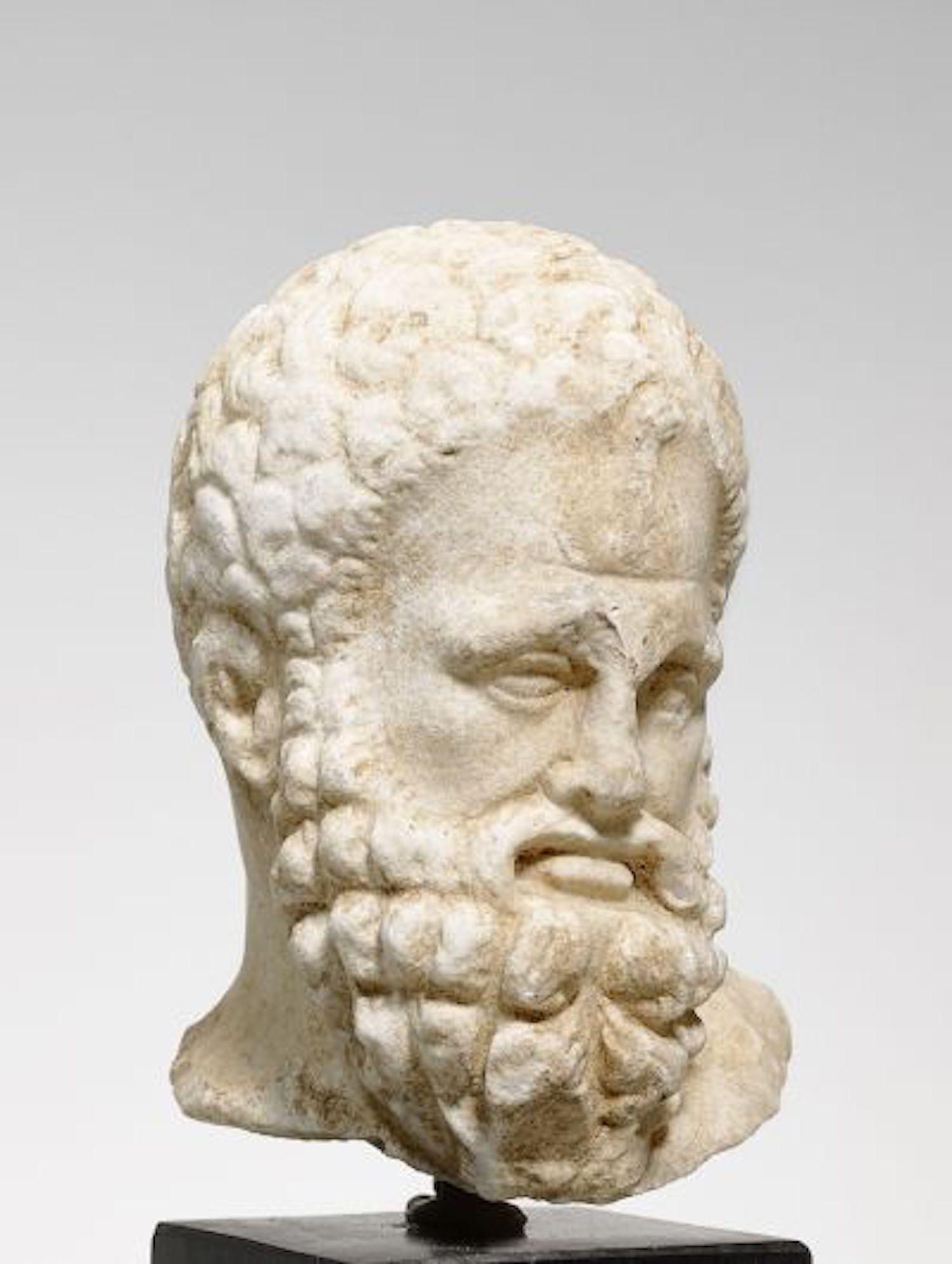 Hand-Carved Head „Herakles Farnese“ Hellenistic, ca. 2nd/1st c.BC, White Crystalline Marble 