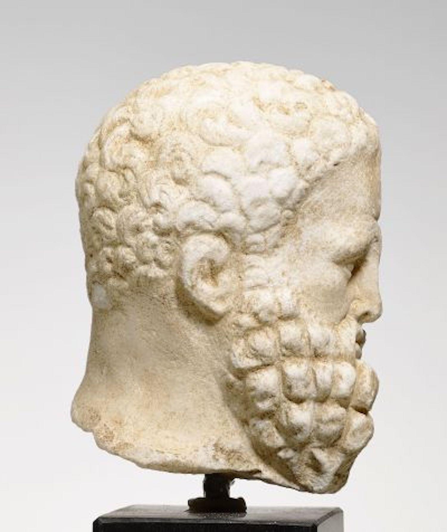 Head „Herakles Farnese“ Hellenistic, ca. 2nd/1st c.BC, White Crystalline Marble  In Good Condition In Sofia, BG