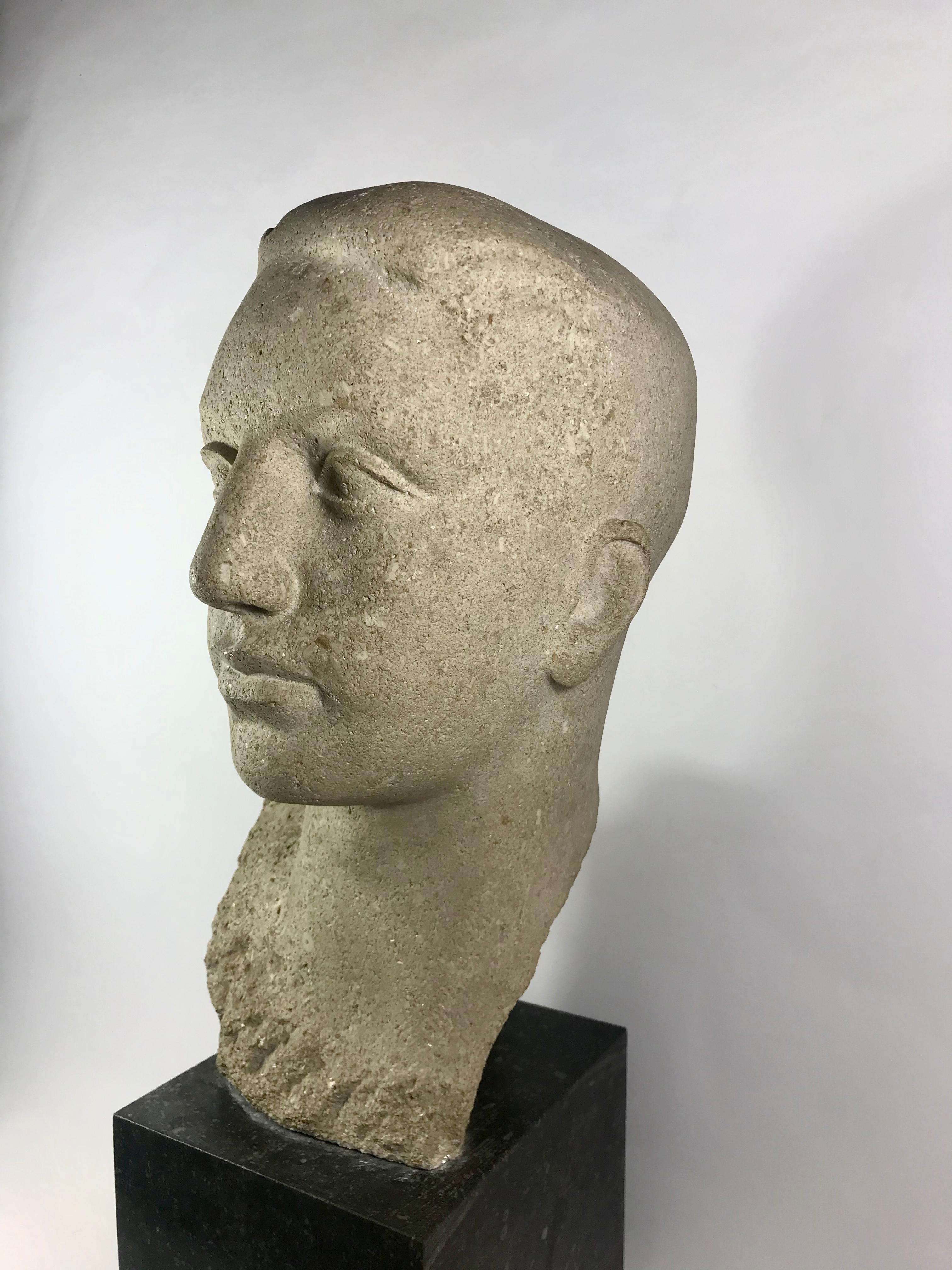 Hand-Carved Head in Stone of a Young Man, France, 1950s For Sale