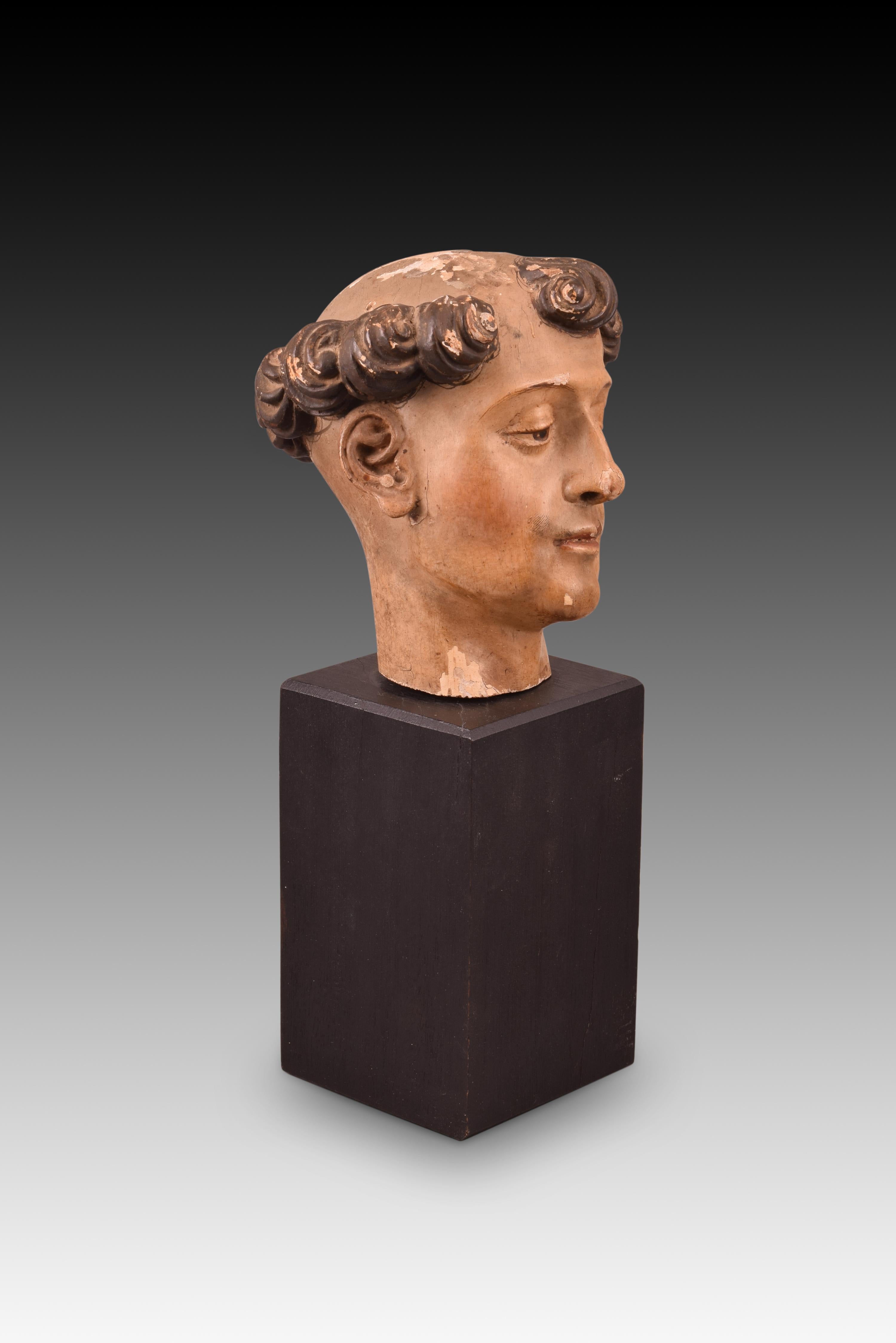 Baroque Head of a Saint. Polychromed Wood. 17th Century 'Later Base' For Sale