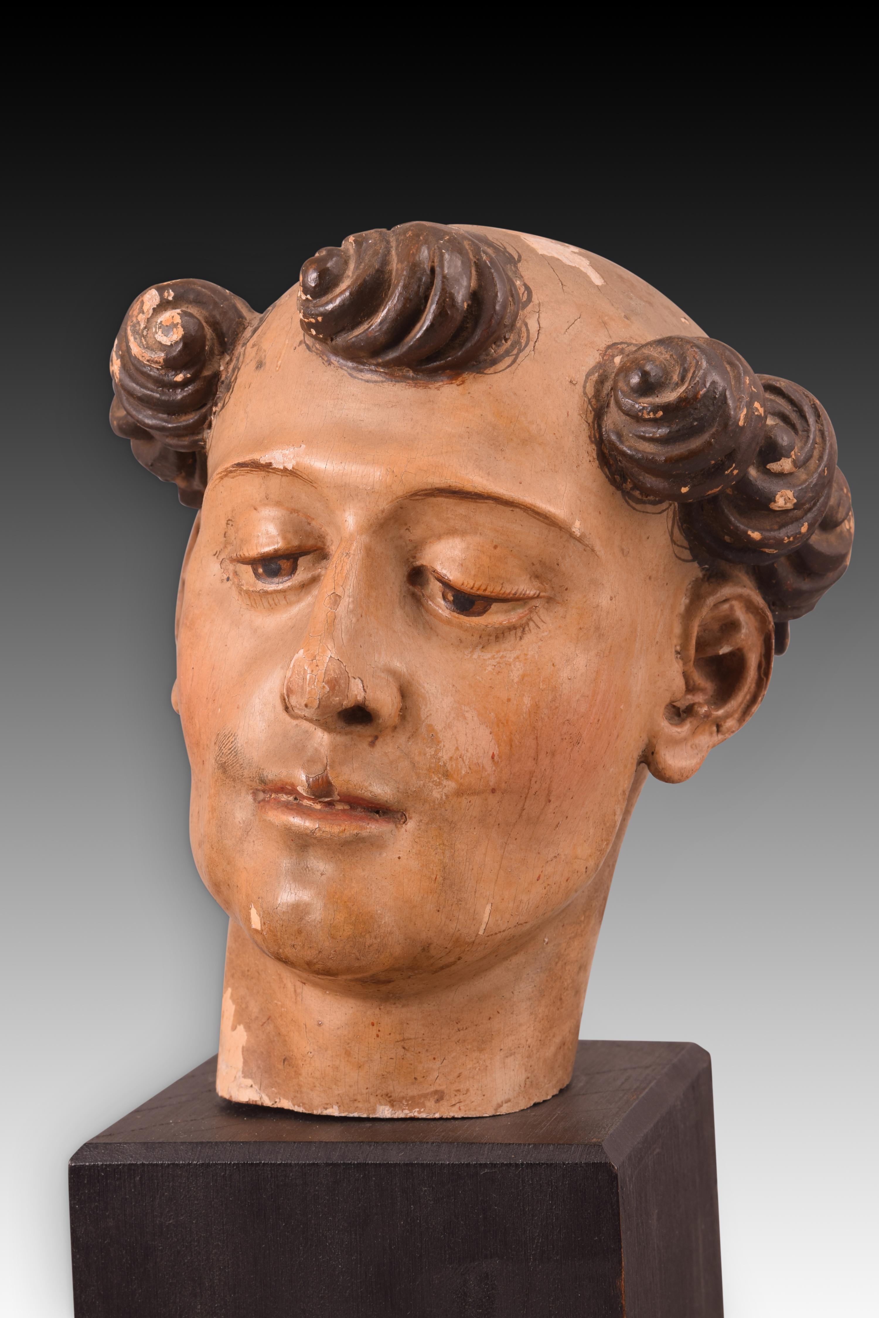 18th Century and Earlier Head of a Saint. Polychromed Wood. 17th Century 'Later Base' For Sale