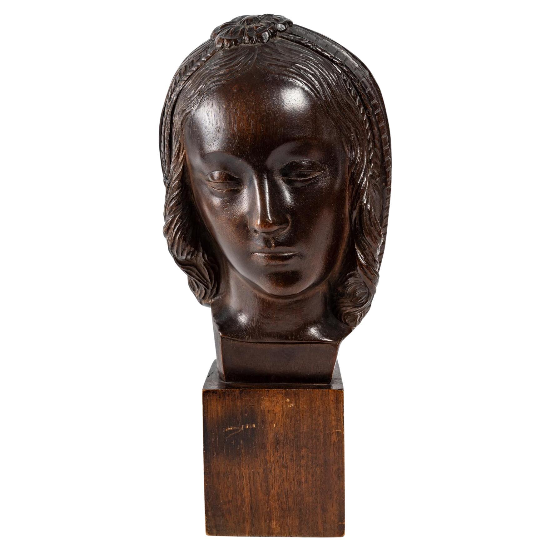 Head of a Woman, Wood Sculpture, Art Deco, 1930 For Sale