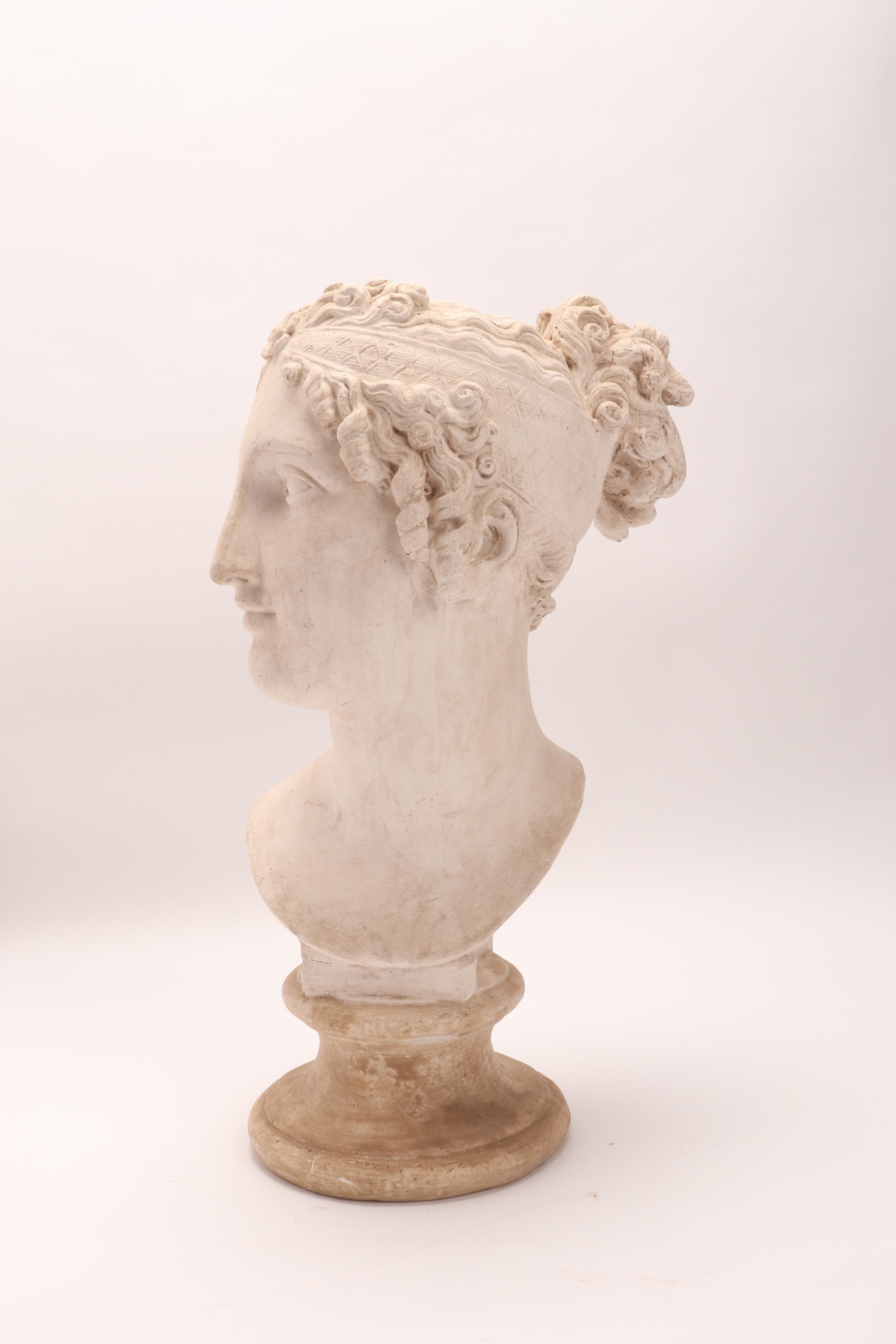 Above the plaster base, there is a plaster cast of a woman's head, a neoclassical portrait. A cast for the teaching drawing in the academy, Italy, circa 1890.