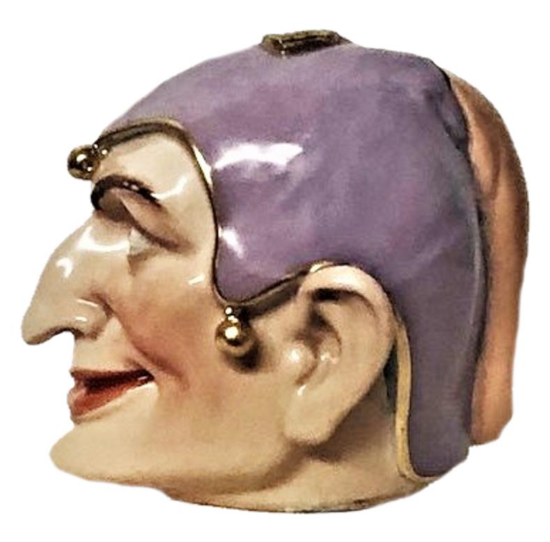 Hand-Painted Head of Jester, Vintage European Art Deco Porcelain Sculpture, ca. 1930's For Sale