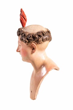 18th Century Polychrome Ceramic Head Sculpture with Glass Eyes