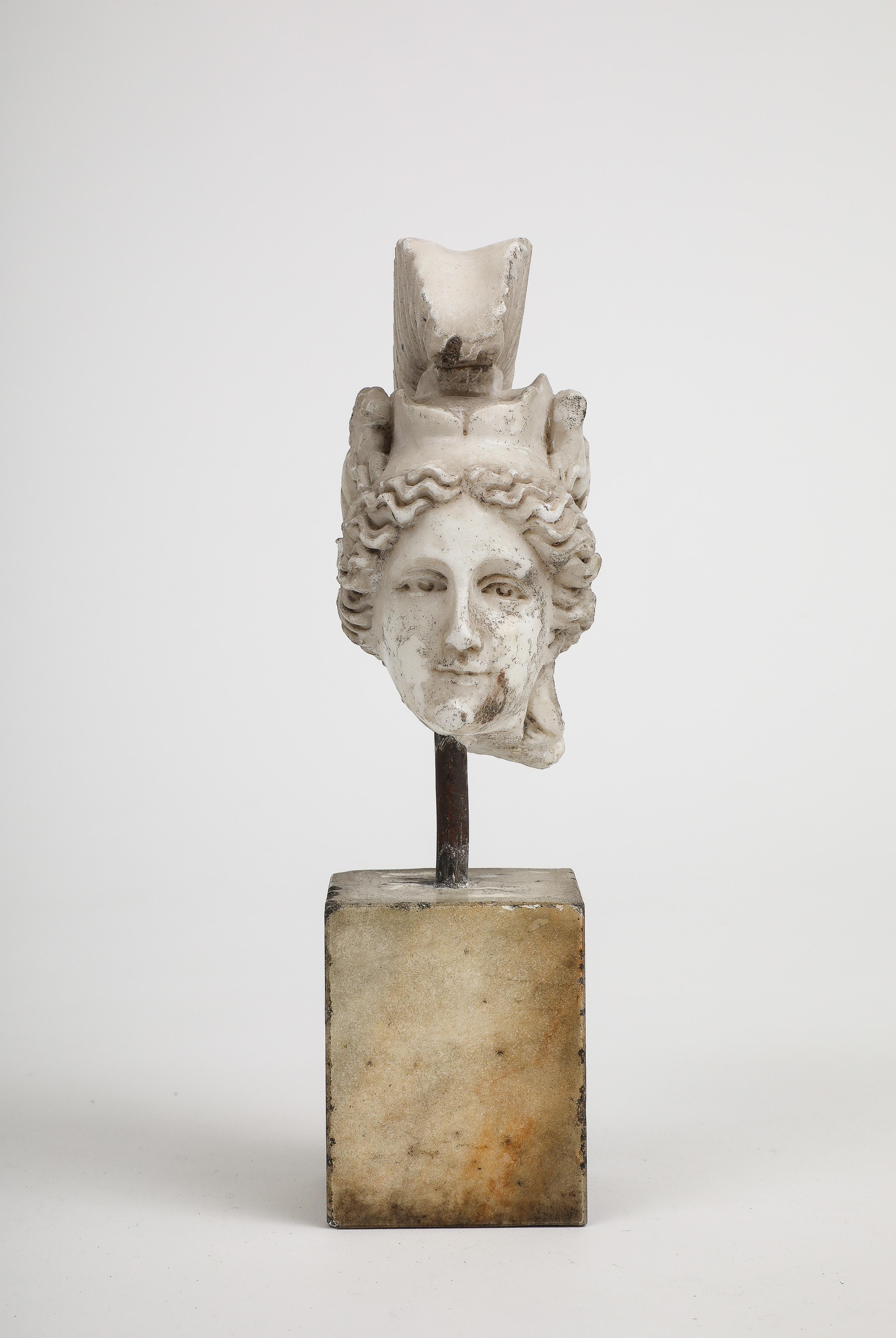 Classical Greek Head of Minerva Carved in White Marble, 19th Century For Sale