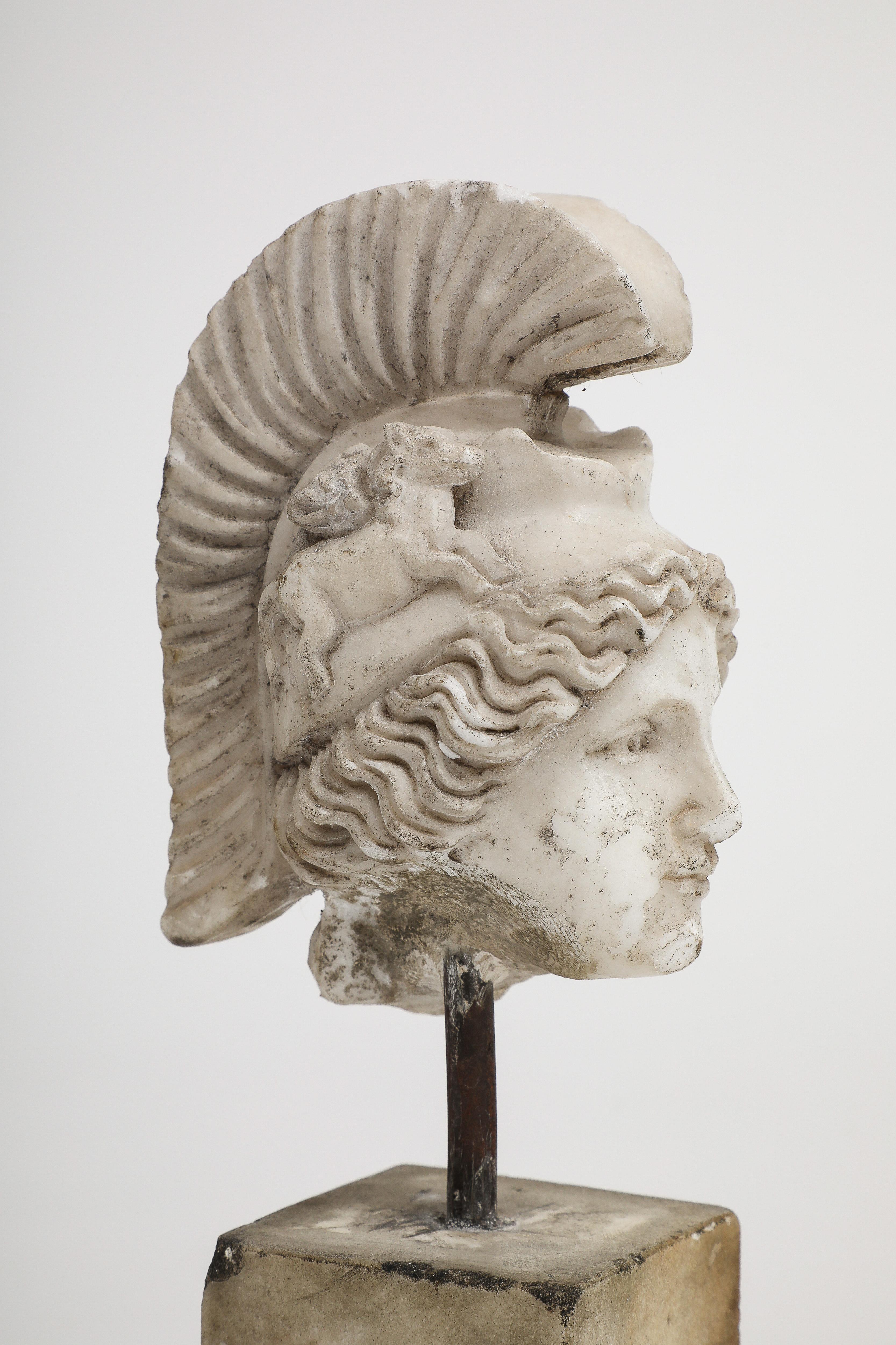 Hand-Carved Head of Minerva Carved in White Marble, 19th Century For Sale