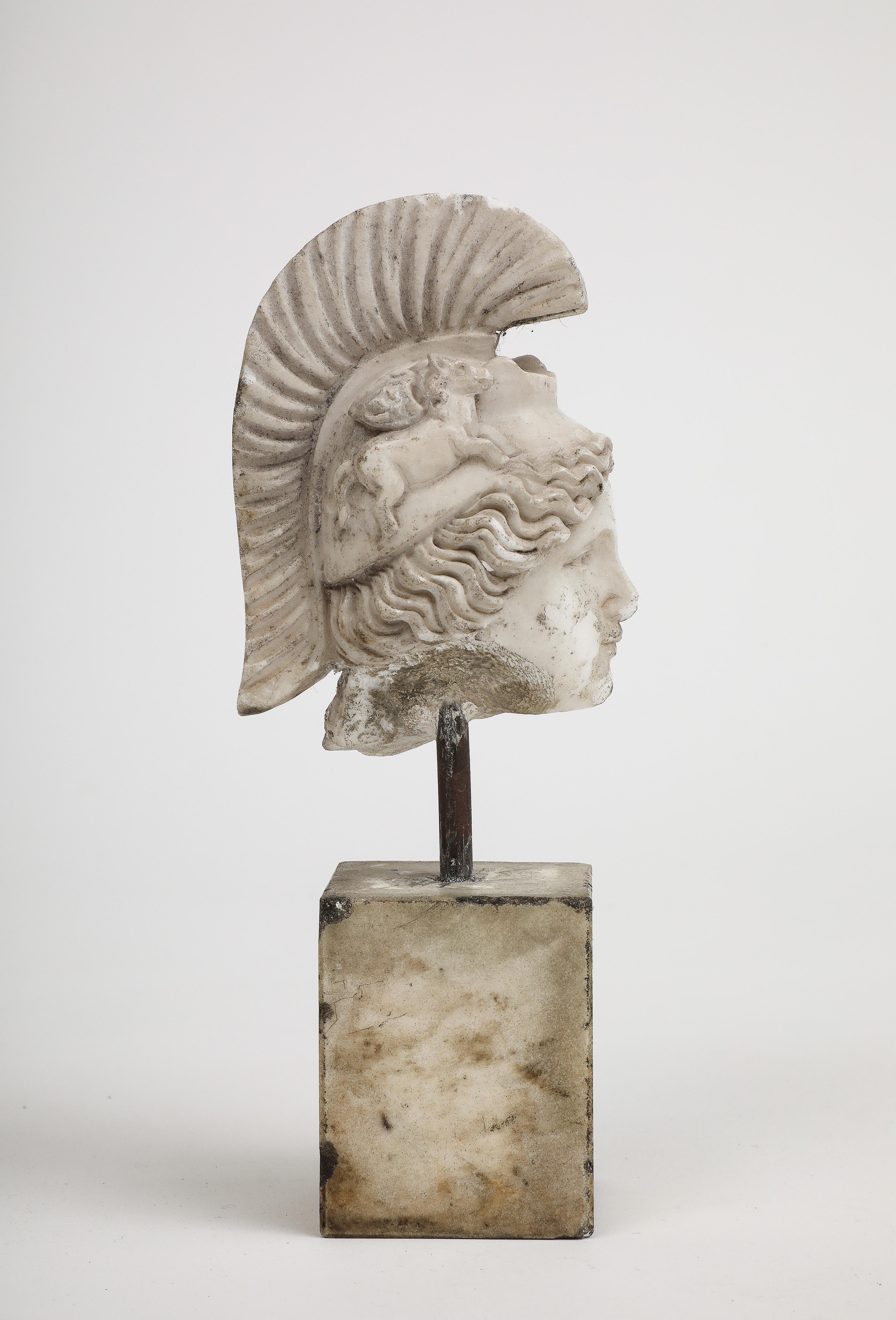 Head of Minerva Carved in White Marble, 19th Century In Fair Condition For Sale In Chicago, IL