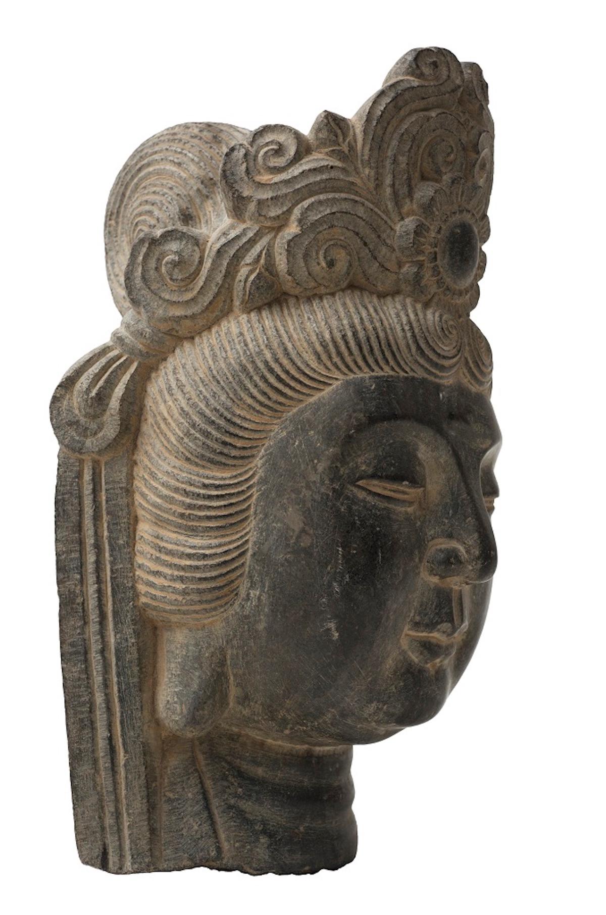 Asian Head of Oriental Divinity, Vintage Stone Sculpture, Early 20th Century For Sale